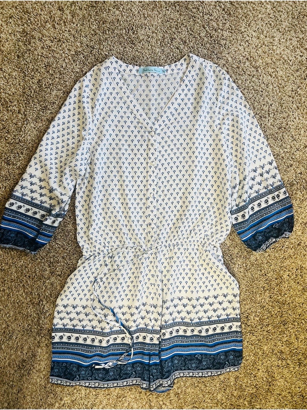Solitaire Swim Lightweight White & Blue Printed Swim Coverup Romper